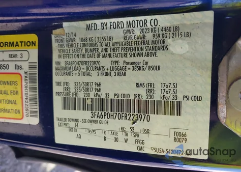 2015 Ford Fusion Se from USA, damaged, VIN 3FA6P0H70FR223970